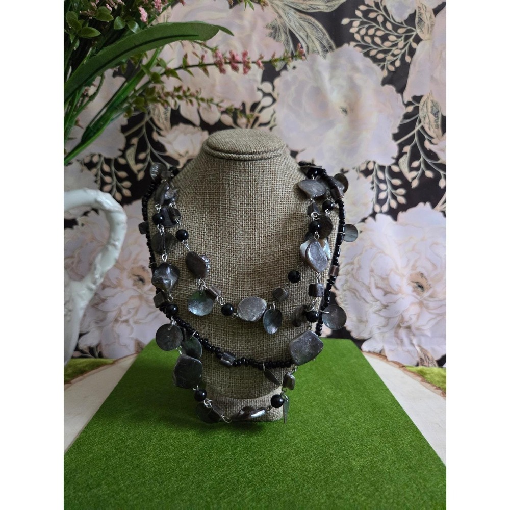 😎Y2k Boho Multi Strand Shell Bead Long Necklace Grey Black Iridescent Statement